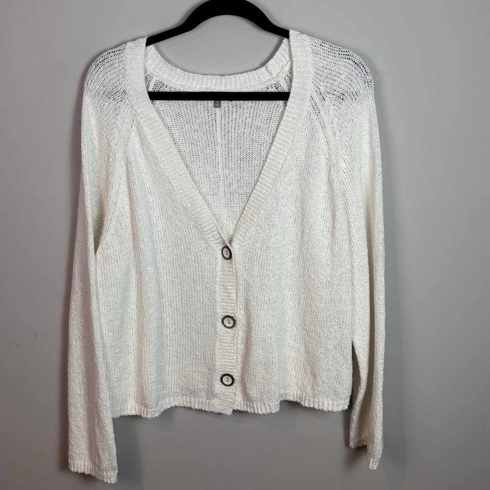 Habitat Women's White Cotton Blend Open Knit V-neck Cardigan Sz XL Boho Classic